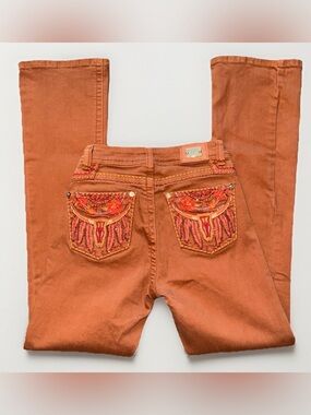 Texas Boot Ranch Western Blue Longhorn Bootcut Jeans Embroidered Size 3 Caramel